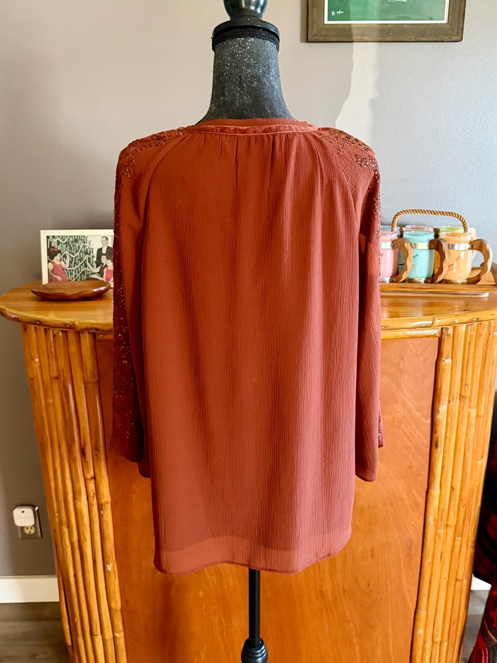 Chico's Crinkled Texture Sequins Blouse in Rust - Picture 9 of 13